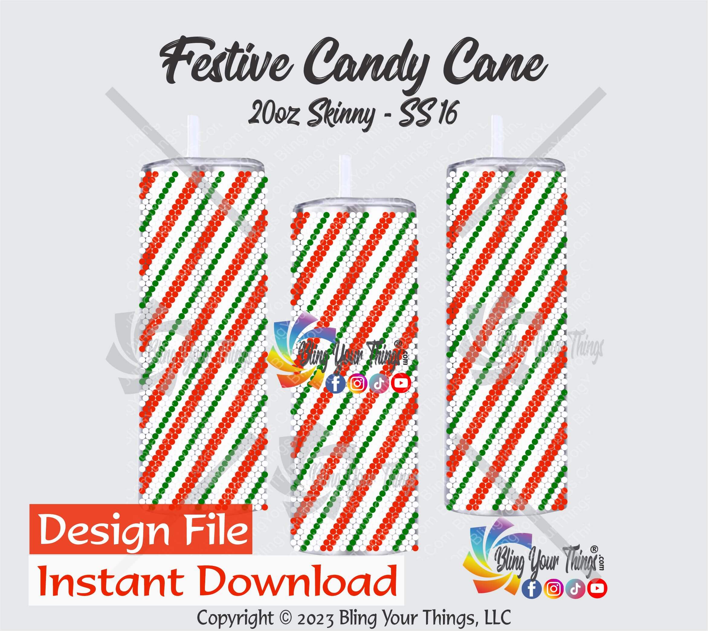 Candy Cane Rhinestone Tumbler Pattern using SS16 flatback rhinestones on a 20oz Tumbler